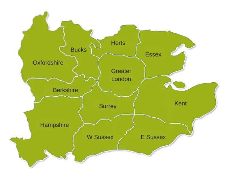 Map of the Home Counties and South East covered by Total Group IT support: Herts, Bucks, Oxfordshire, Berkshire, Essex, Kent, Surrey, Sussex, Hampshire and London