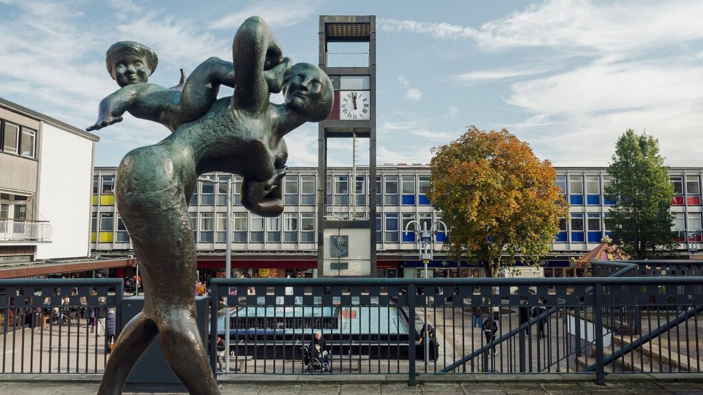 The Joyride statue and clock tower in Stevenage town centre, Hertfordshire - IT support for Stevenage businesses from Total Group
